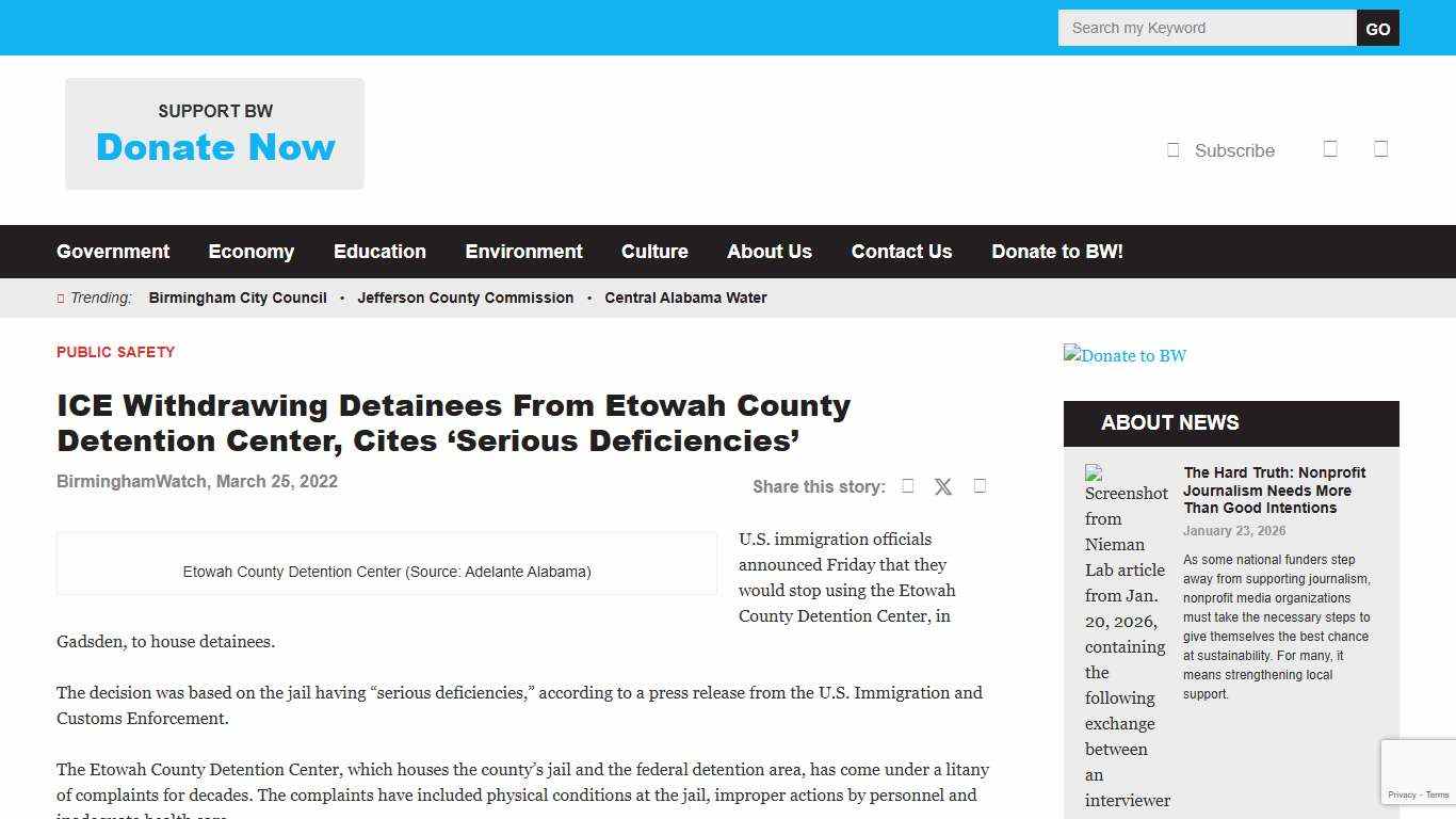 ICE Withdrawing Detainees From Etowah County Detention Center, Cites ‘Serious Deficiencies’ - BirminghamWatch